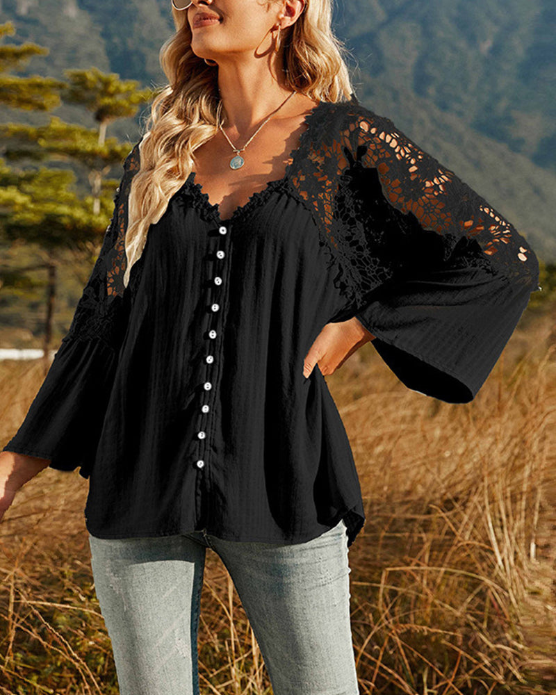 Långärmad Enfärgad Blus med Spetspanel