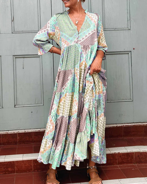 Färgblocktryck Klänning med 3/4 ärmar