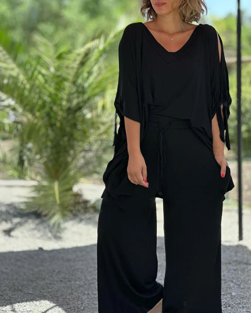 Enfärgade tvådelade set med halva ärmar