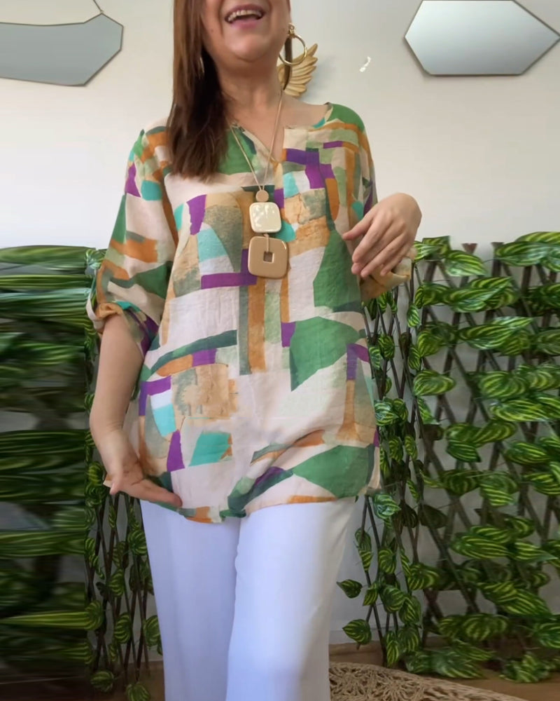 Färgblock patchwork V-ringad casual topp