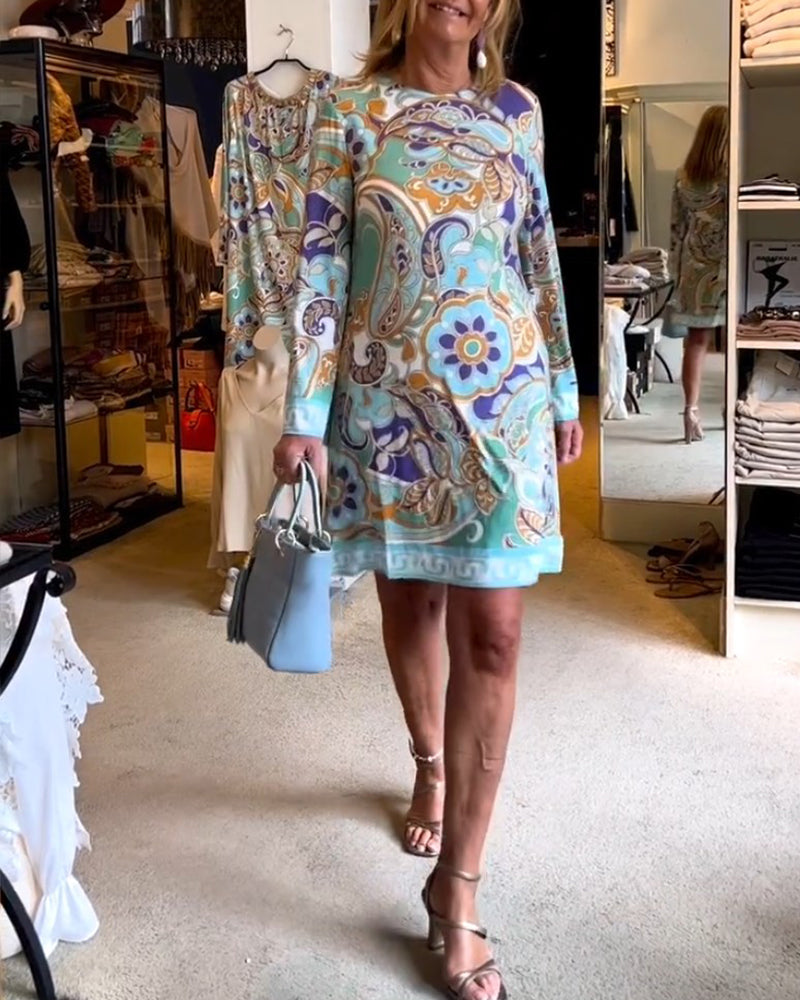 Klänning med rund hals och tryck