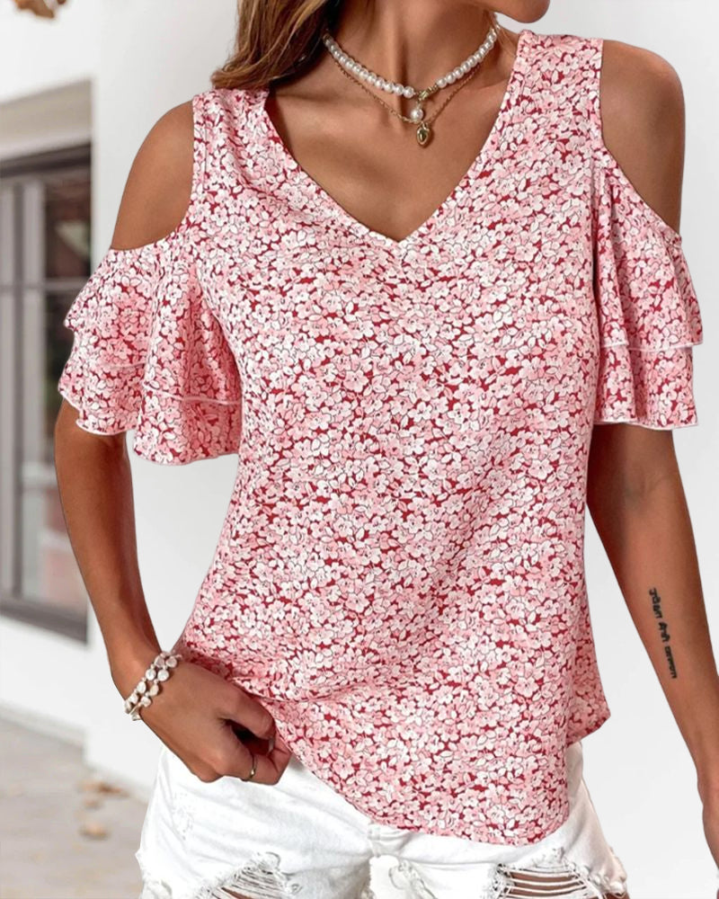 T-shirt med blommönster med kall axel