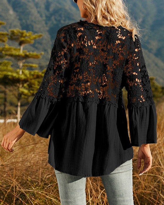 Långärmad Enfärgad Blus med Spetspanel