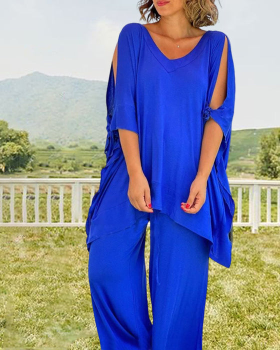 Enfärgade tvådelade set med halva ärmar