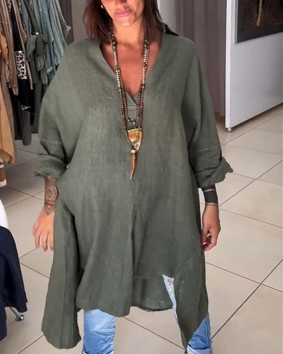 Lång topp i bomull och linne med oregelbunden fåll