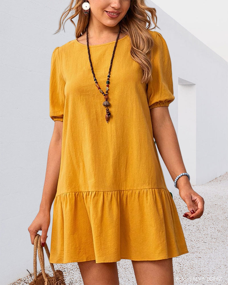 Klänning i bomullslinne med puffärmar