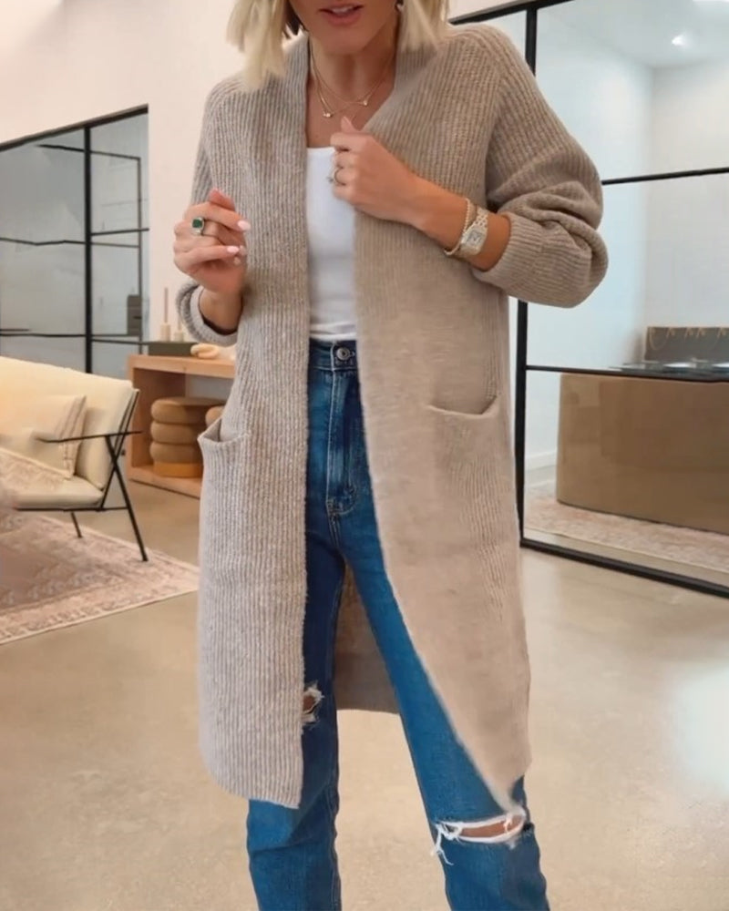 Enfärgad Elegant Cardigan Med Fickor