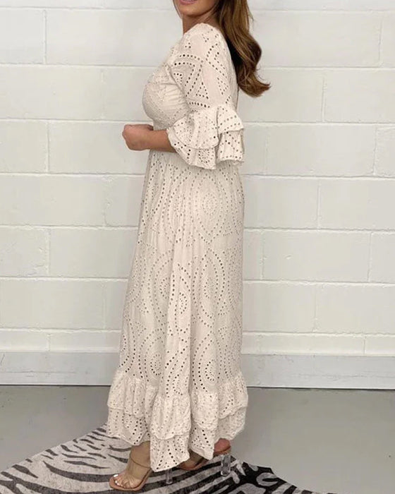 Lös v-ringad enfärgad klänning med hög midja