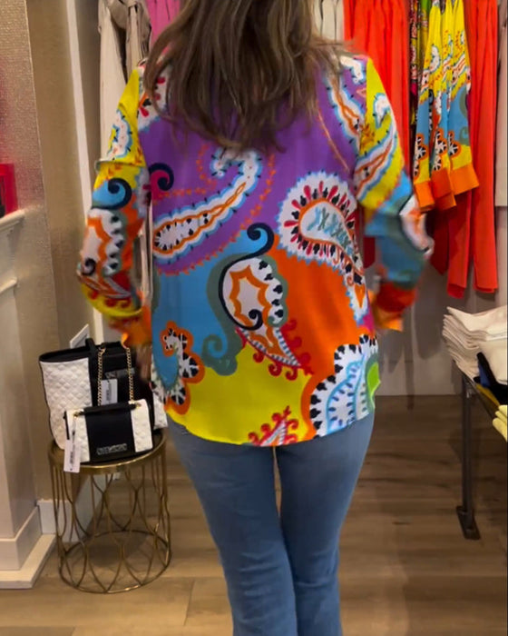 Färgglad tryckt V-ringad långärmad blus