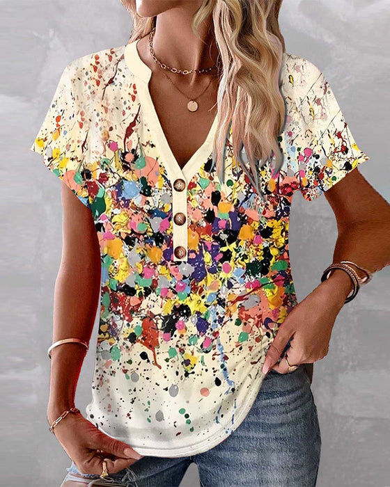 Färgglad V-ringad topp med graffititryck