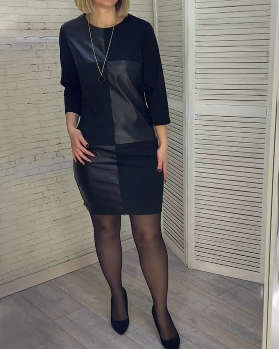 Klänning med rund hals i patchwork i PU-läder