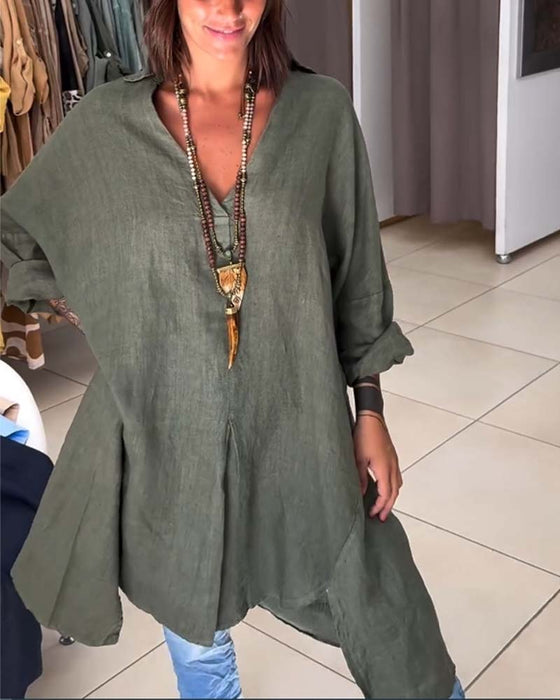 Lång topp i bomull och linne med oregelbunden fåll