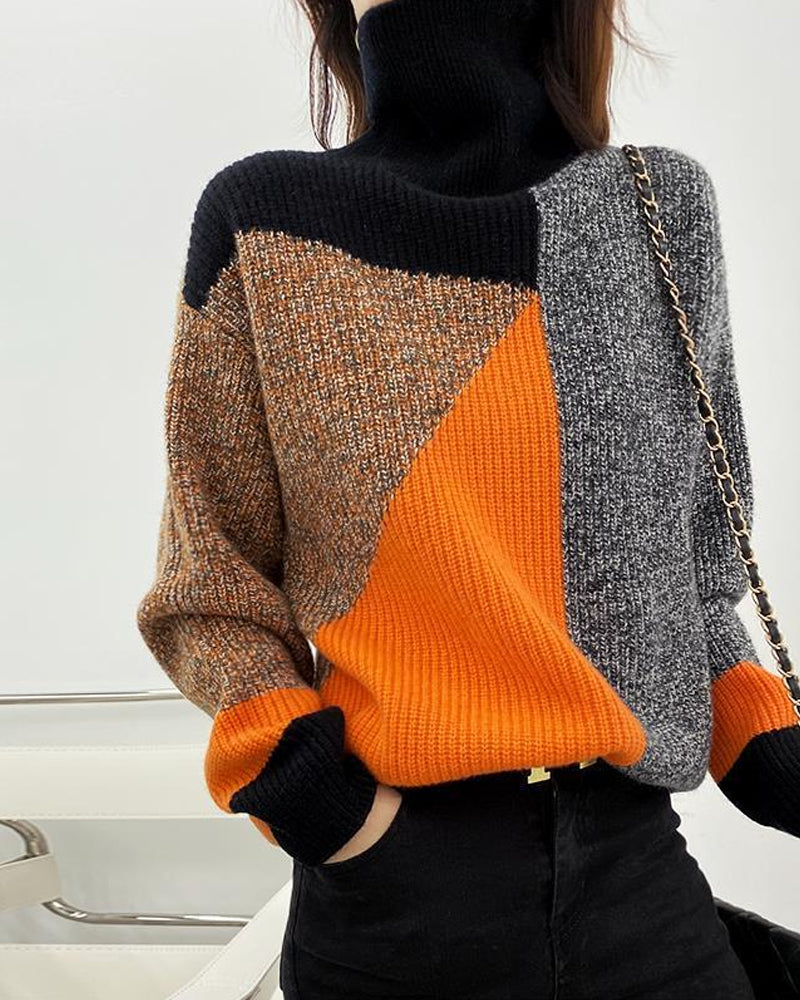 Färgblock Pullover med hög hals