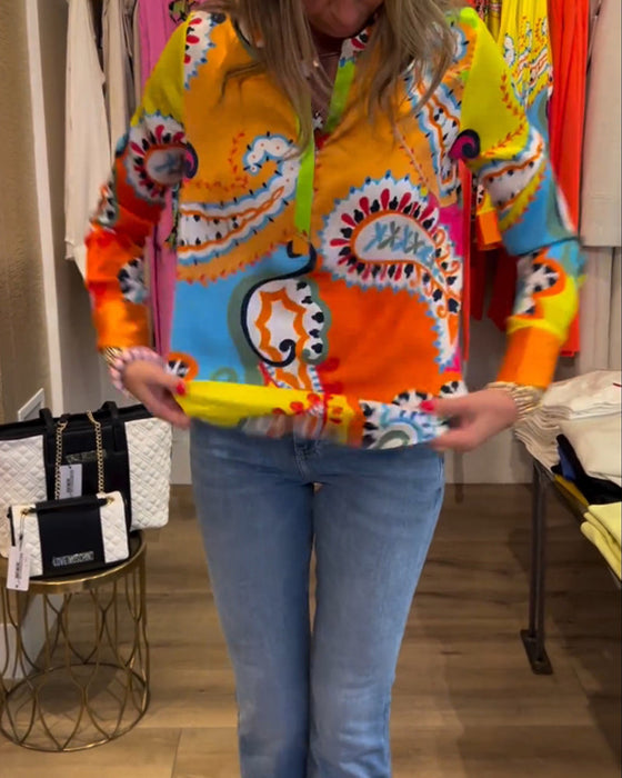 Färgglad tryckt V-ringad långärmad blus