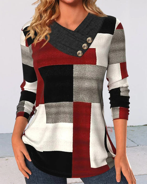 Färgblockad V-ringad långärmad topp