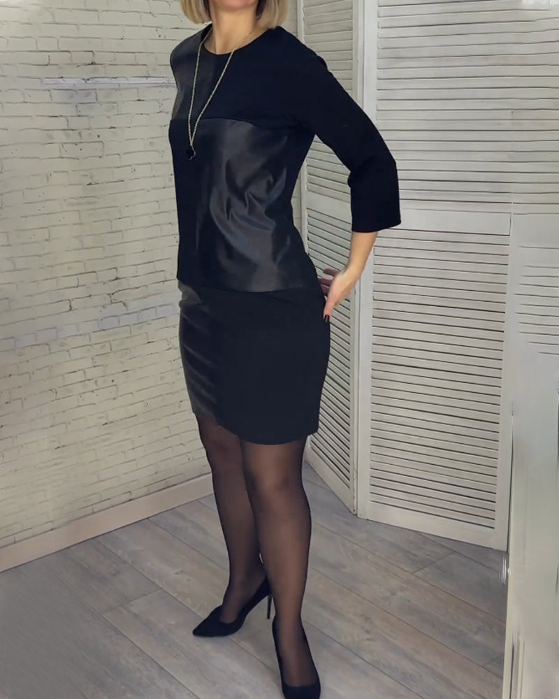 Klänning med rund hals i patchwork i PU-läder