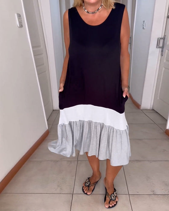 Färgblockerad ärmlös klänning med rund halsringning