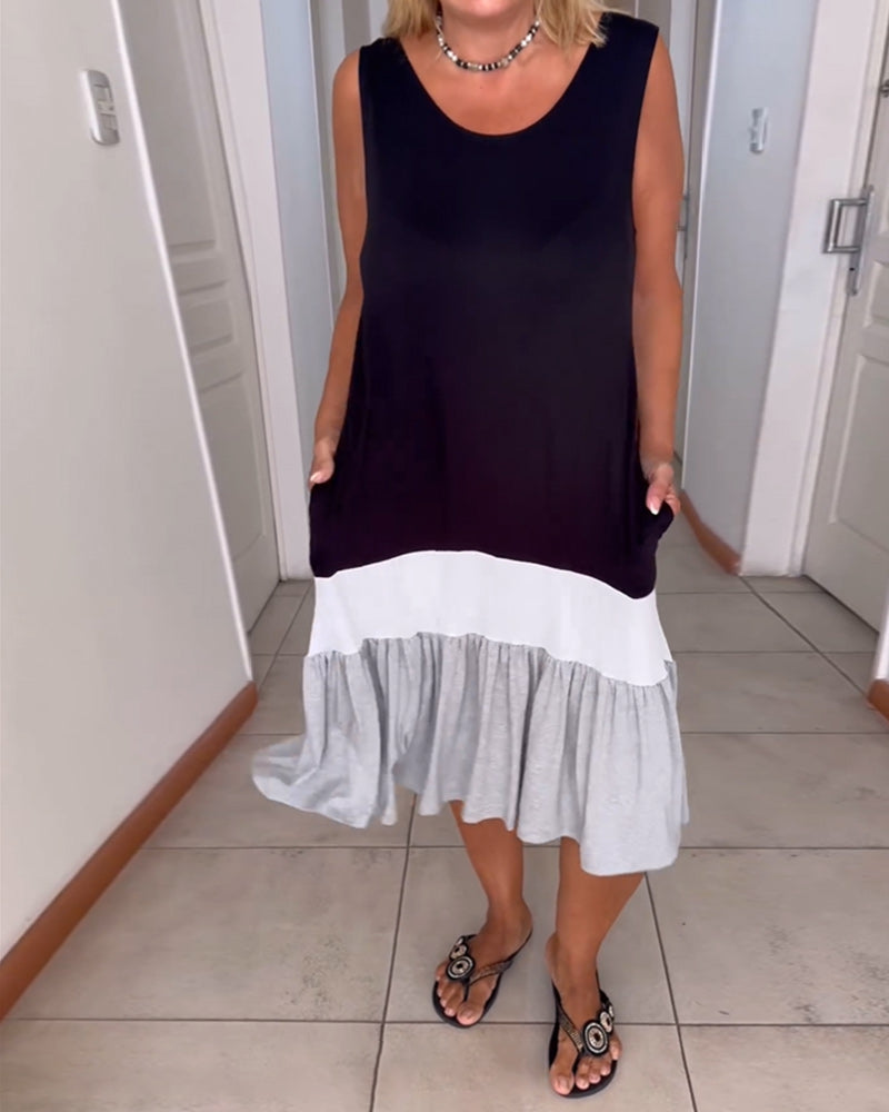 Färgblockerad ärmlös klänning med rund halsringning