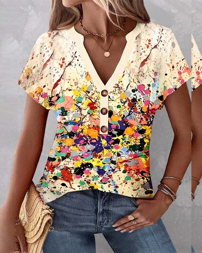 Färgglad V-ringad topp med graffititryck