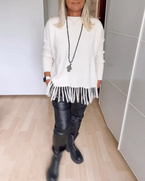 Enfärgad Avslappnad tröja med fransar