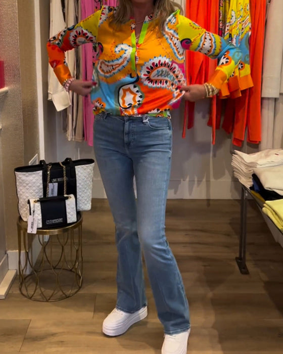 Färgglad tryckt V-ringad långärmad blus