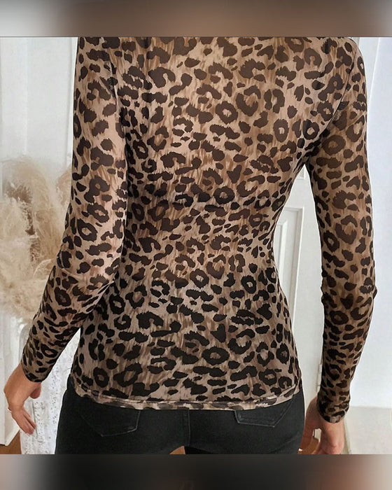 Topp Leopardmönster Rund Hals Lång Ärm