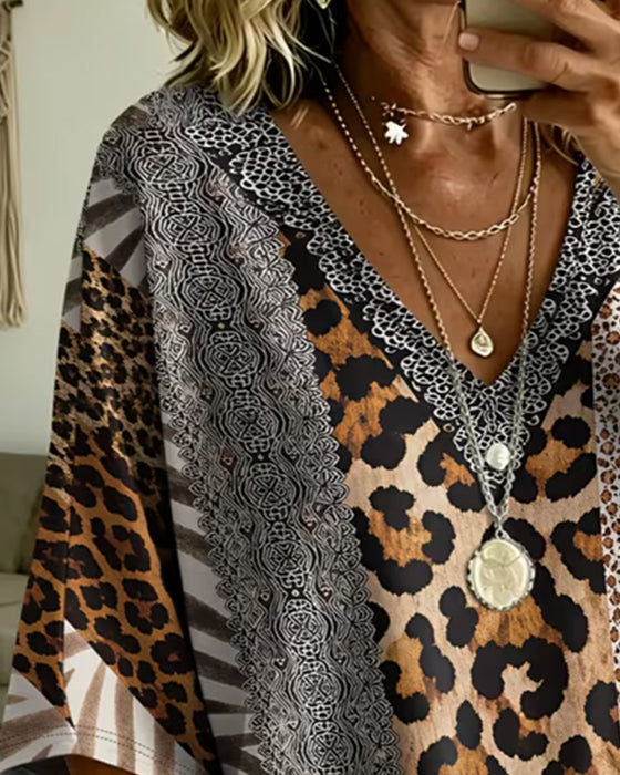 Topp Leopardmönster Patchwork V-Hals Avslappnad