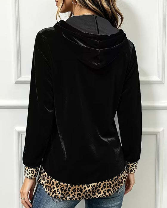 Sweatshirt Leopard Tryck Panelad Halv Dragkedja Med Huva