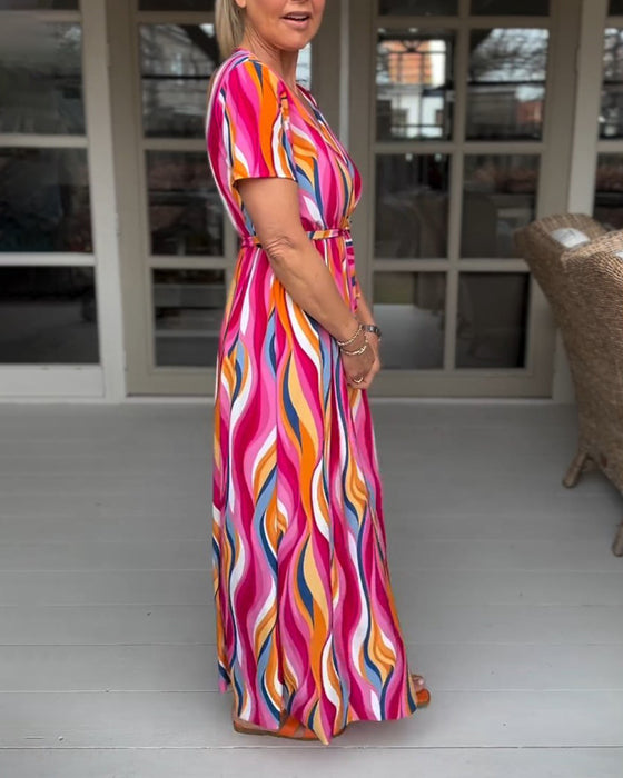 Färgglad tryckt kortärmad lång klänning med spets