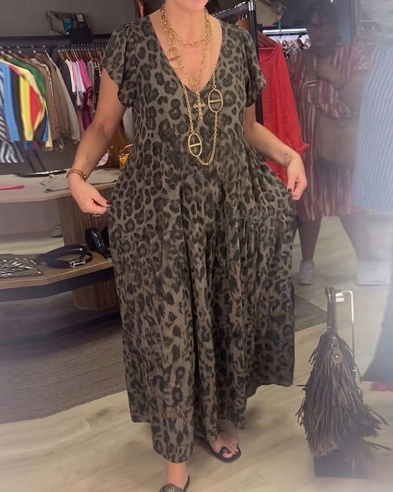 Klädning V-Hals Leopard Kort Ärm