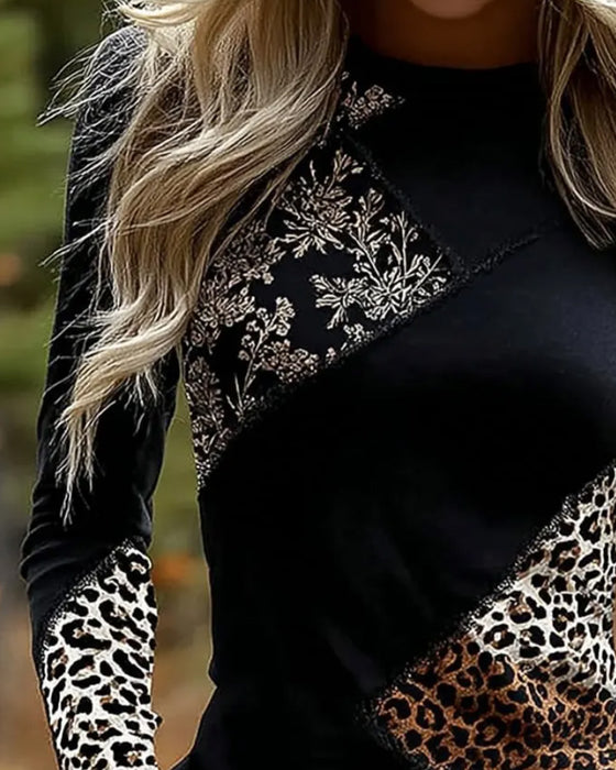 Topp Rundhals Leopard Patchwork Lång Ärm