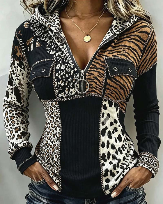 Topp Leopard Patchwork Halv Dragkedja Huvförsedd