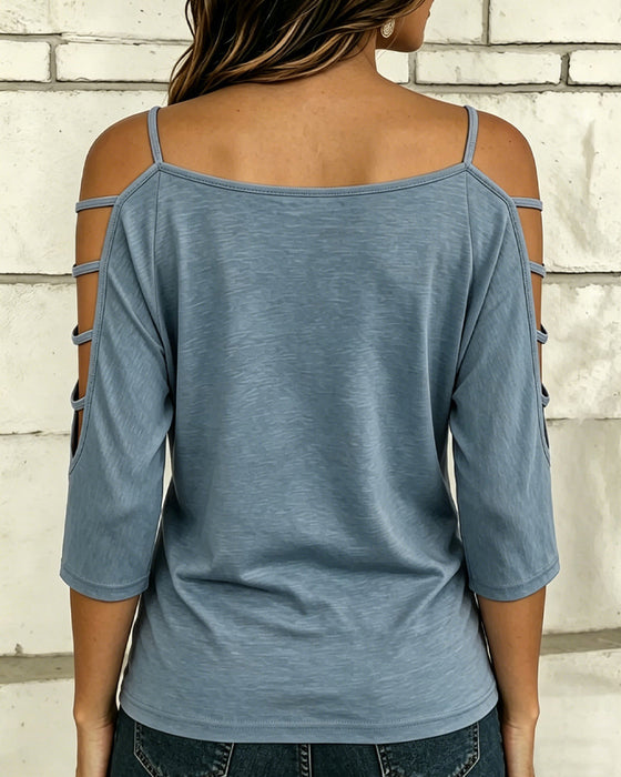 T-Shirt Solid Färg Armbågslång Ärm Off-Axel