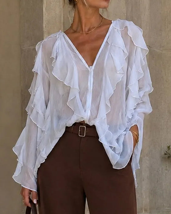 Blus V-Hals Ruffle Löst