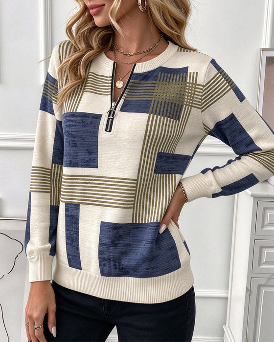 Sweatshirt Rund Halsringning Geometrisk Halv Dragkedja Stickad