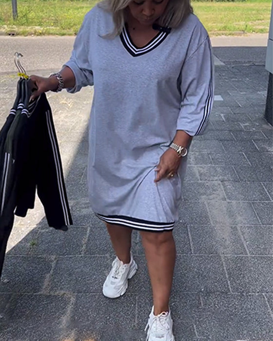 Casual lös klänning med randigt patchwork