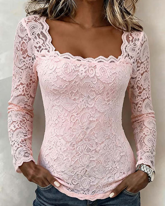 Blus Fyrkantig Hals Spets Patchwork