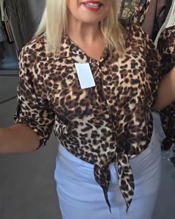 Blousa Snörning V‑hals Leopard