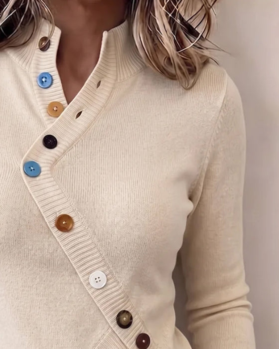 Pullover Mandarin Krage Färgblock Asymmetrisk Knapp