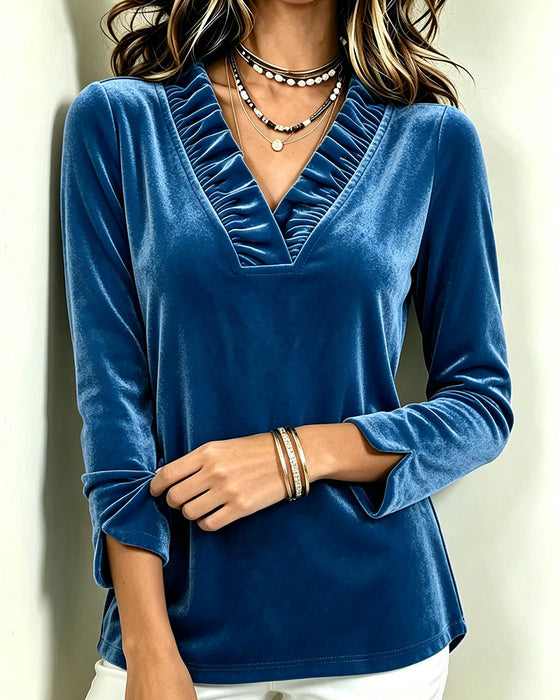 Blus V-Hals Ruffle Rynkad Slits