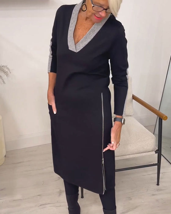 Klänning Färgblock V-Hals Stickad Midi