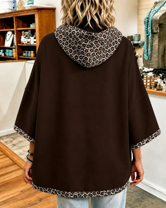Hoodie Leopardmönster Lapptäcke Med Huva 3/4 Ärm