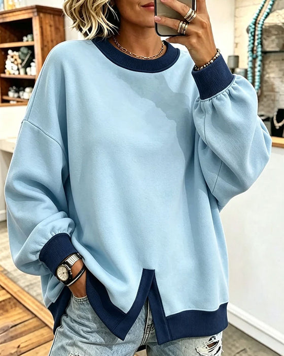 Sweatshirt Färgblock Slits Runda Halsen