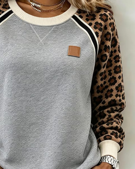 Sweatshirt Leopard Färgblock Rundhalsad