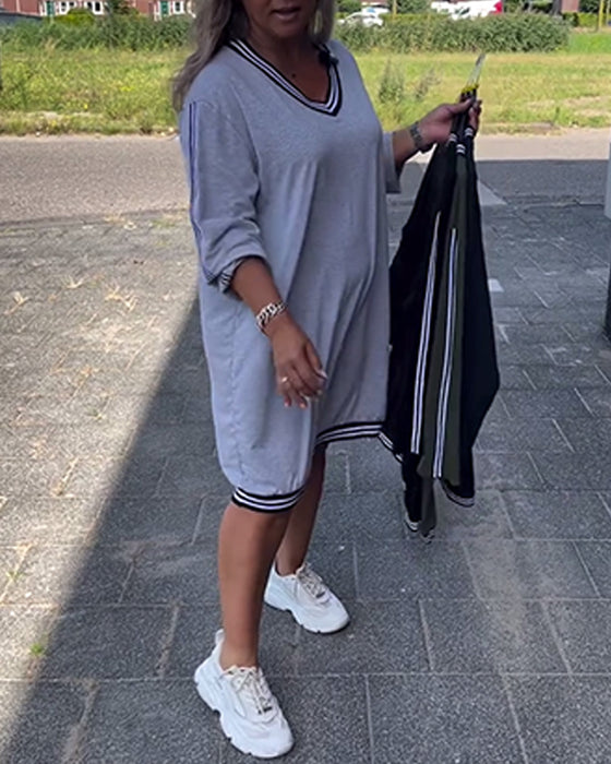 Casual lös klänning med randigt patchwork