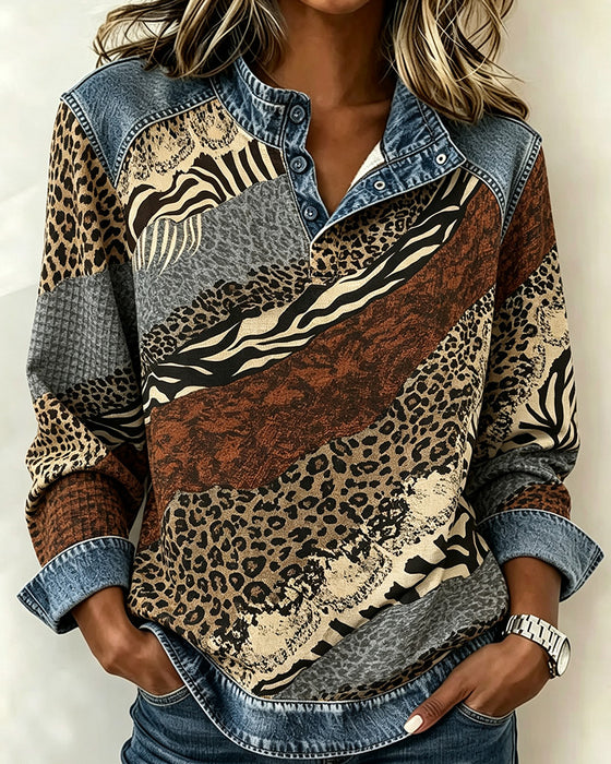 Blus Patchwork Leopard Knapp