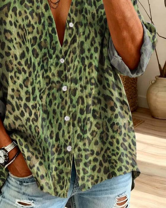 Skjorta V-Hals Knapp Leopard Lång Ärm
