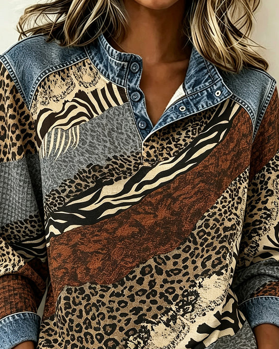 Blus Patchwork Leopard Knapp