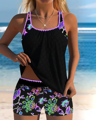 Blommig Komfortabel Tankini Med Pojkshorts