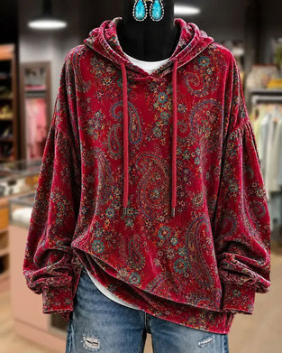 Hoodie Paisley Tryck Sammet
